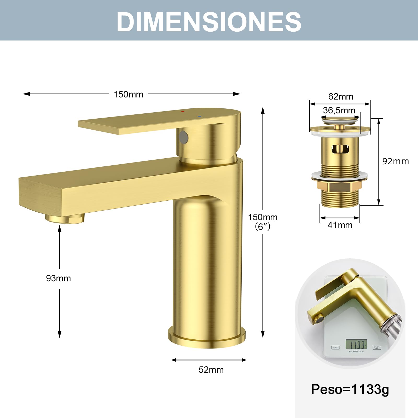 Robinet de Lavabo pour Salle de Bain Rectangulaire avec Pop-up Vidage, Mitigeur Monocommande Monotrou, doré
