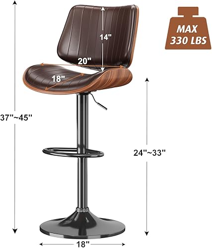 Miniatura 2 de Juego de 2 taburetes de bar giratorios de madera curvada ajustables para encimera de cocina, moderna silla de bar tapizada de piel sintética con