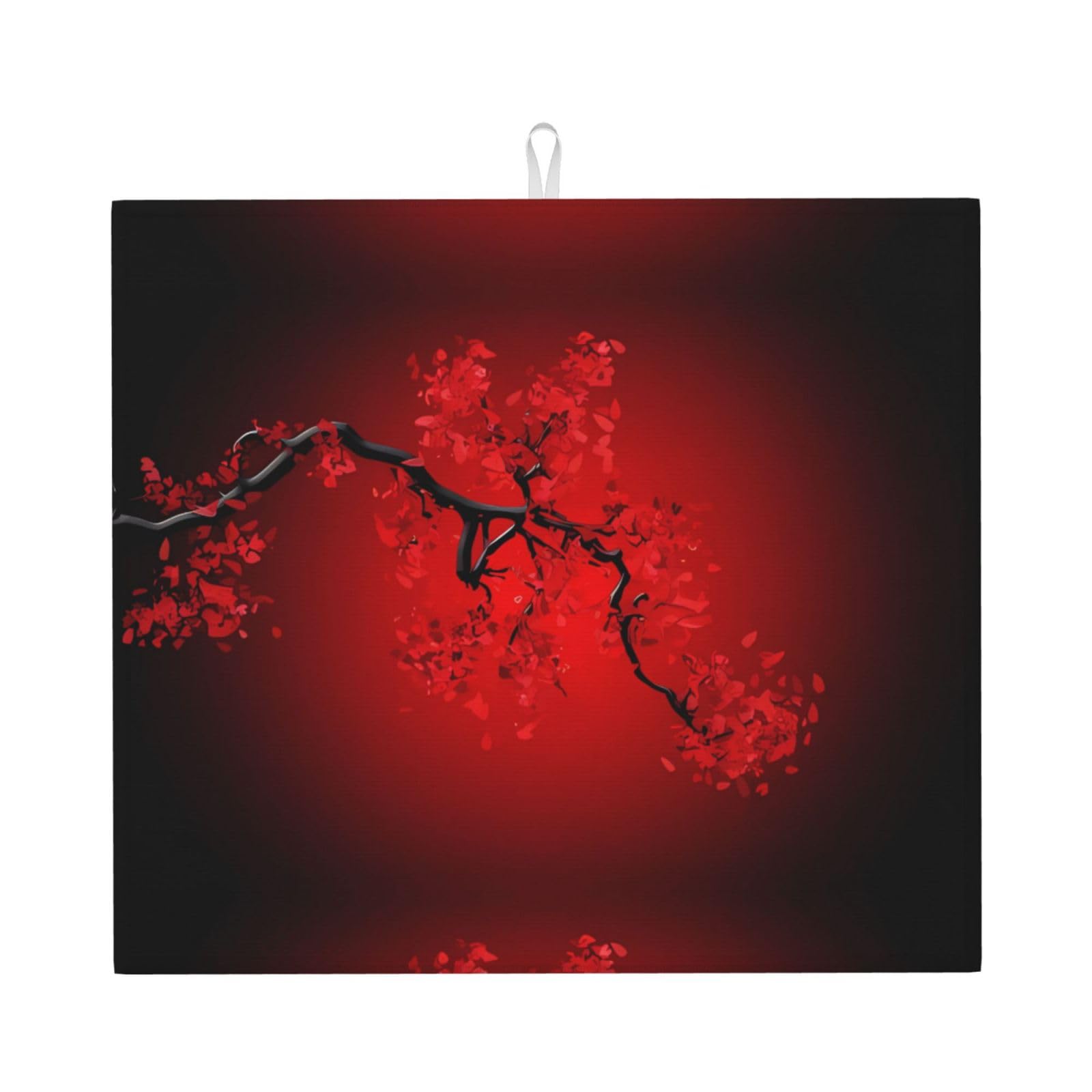 HJFCZH Red Cherry Blossom Prints Kitchen Drying Mat – Absorbent Microfiber Throw for Dishes, Non-Slip Counter Cover, Quick-Drying Layer with Fade-Resistant Print