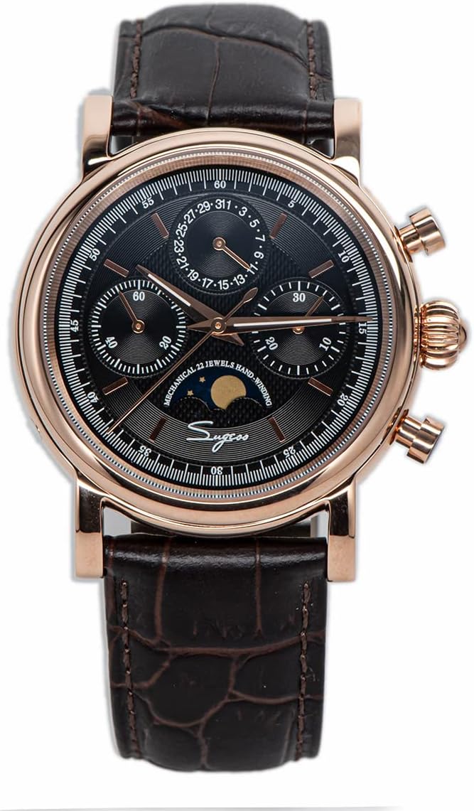 NC Sugess Mechanical Men Watch Seagull Movement ST1908 Chronograph Vintage Moonphase Wrist Watch Genuine Leather Band Waterproof 50ATM