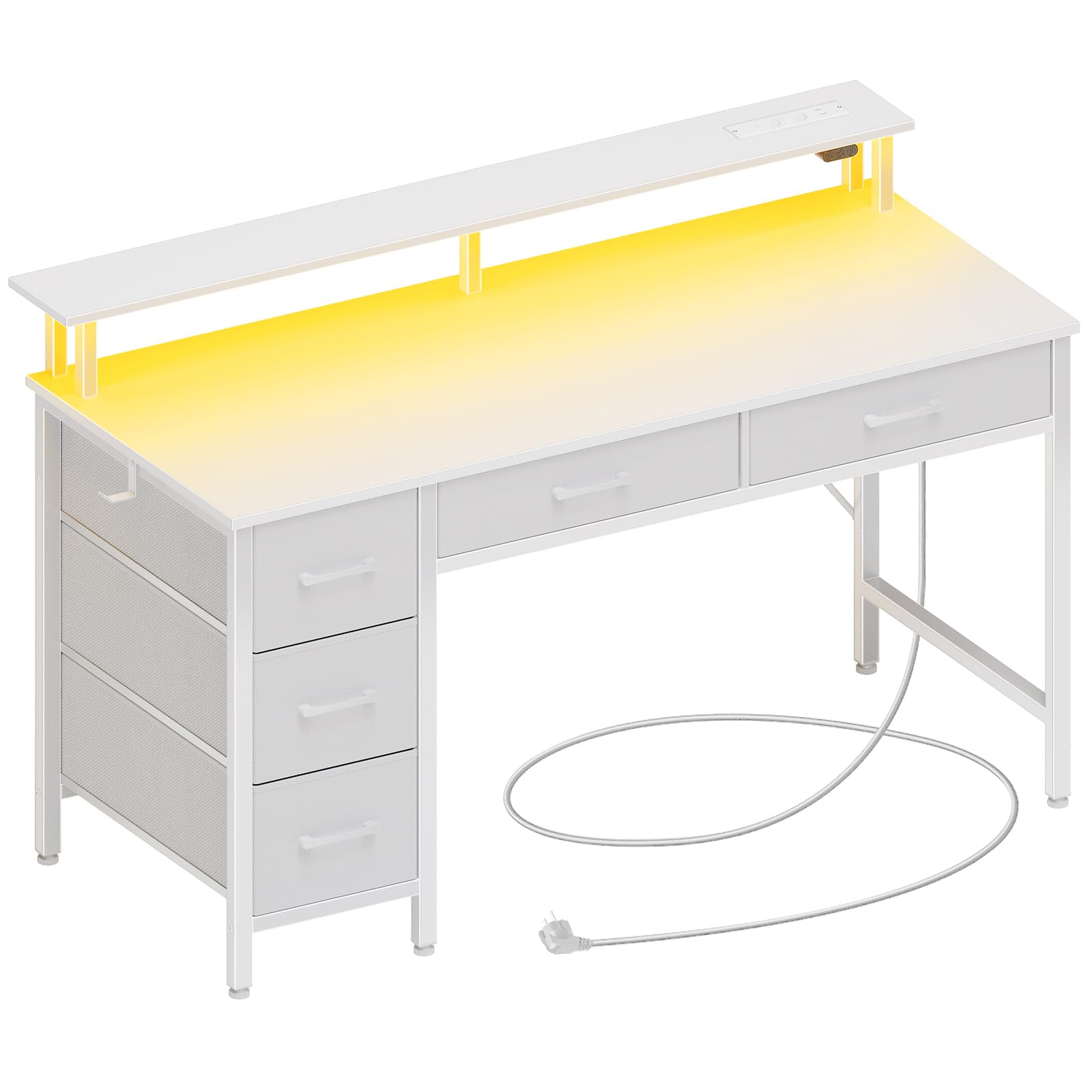 Seventable Computertisch mit Steckdosen & LED-Beleuchtung, 120cm Gaming Schreibtisch mit 5 Schubladen, Gaming Tisch mit Monitorständer, fürs Büro, Arbeitszimmer, Schlafzimmer, Wohnzimmer, Weiß