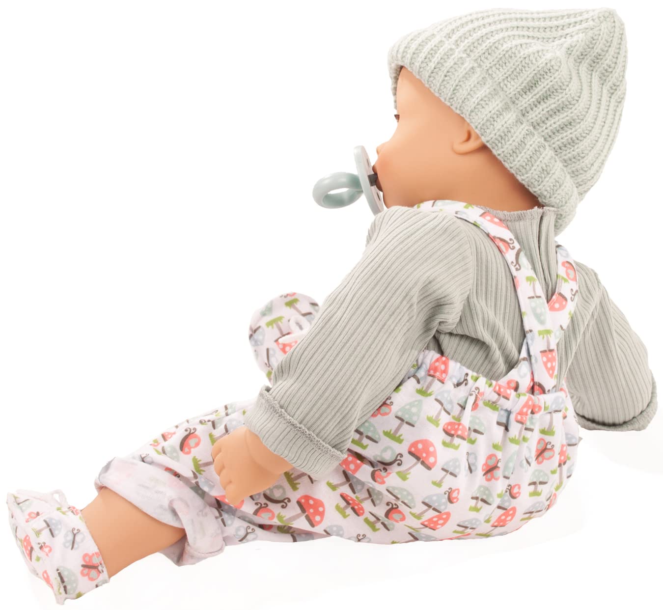 Götz 2327916 Maxy Muffin Glückspilz Puppe 42 cm Babypuppe Blaue Schlafaugen | 7-tlg, ohne Haare, Weichkörper, für Kinder ab 3 Jahren, waschbar, mit Schnuller, Strickmütze und Stoffschuhen