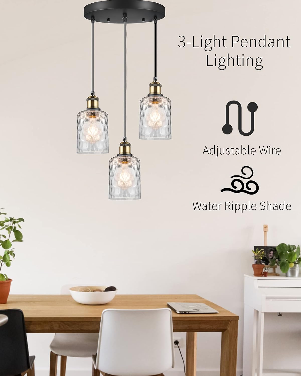 WENFENG 3 Light Pendant Lighting, Adjustable Dining Room Light Fixtures, Small Hanging Kitchen Lights,4.2'W*5.3'H Water Ripple Glass Pendant with E26 Bronze Base for Hallway, Bedroom, Living Room
