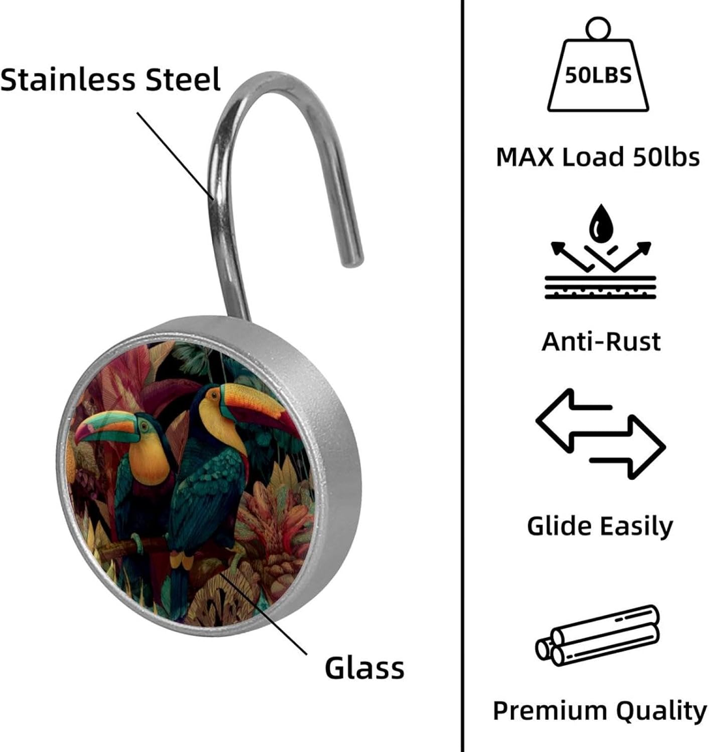 Birds Tropical Toucans Round Crystal Glass Decorative Shower Curtain Hooks with 3D Pattern Visual, Rust Proof Shower Curtain Rings-12 Pack