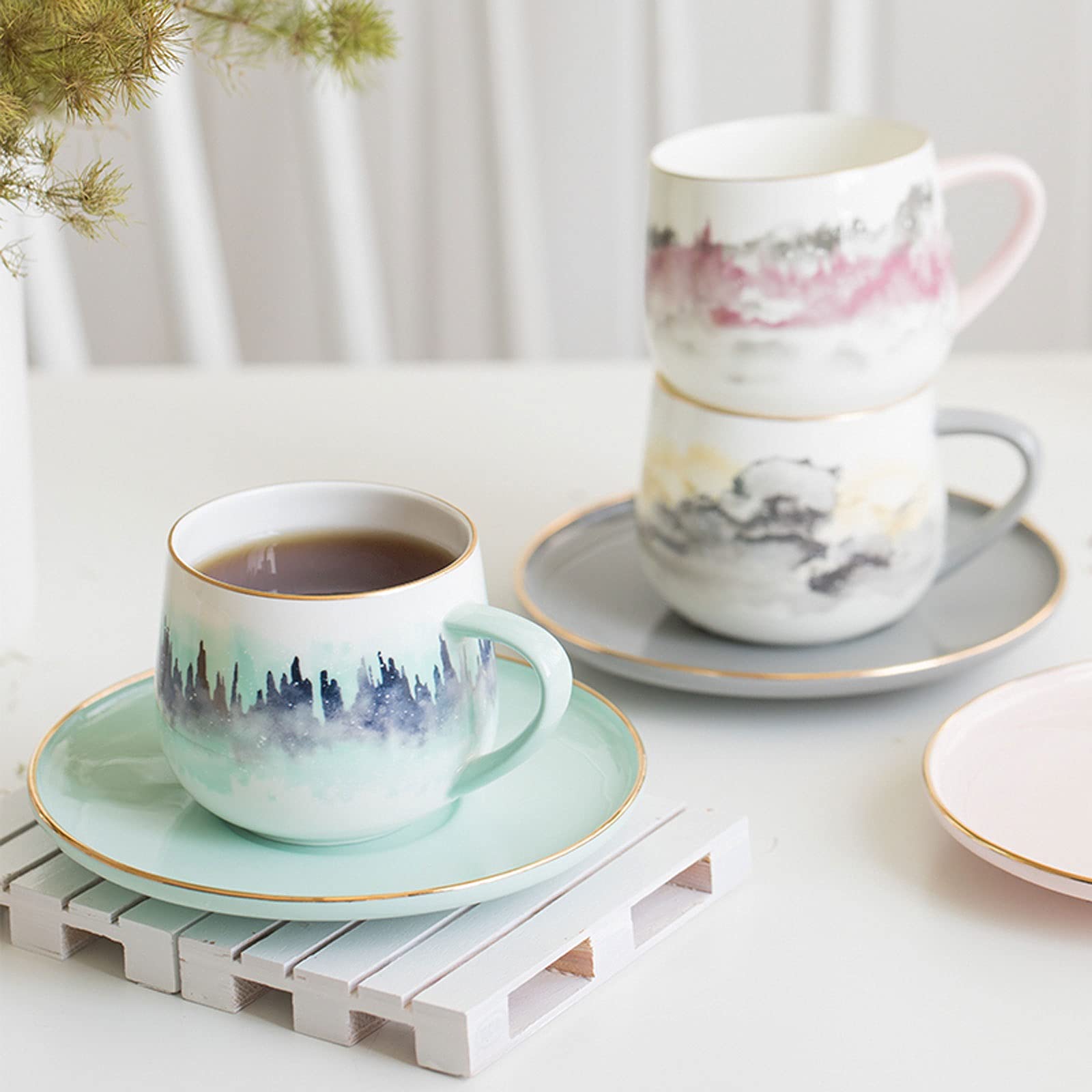 Ceramiczna filiżanka do kawy zestaw filiżanek i spodków 5.1 uncji Vintage Art zestaw kubków do kawy małe kubki do kawy
