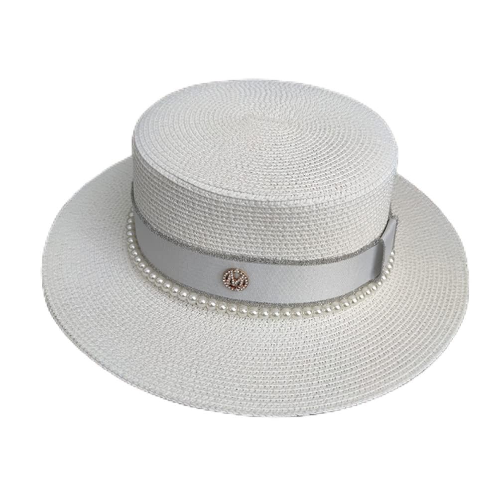 Cappello da Spiaggia da Donna Estivo Cappello a Tesa Larga Cappello da Donna Cappello da Sole in Paglia con Fiocco di Perle Piatte da Donna Fedora Femminile