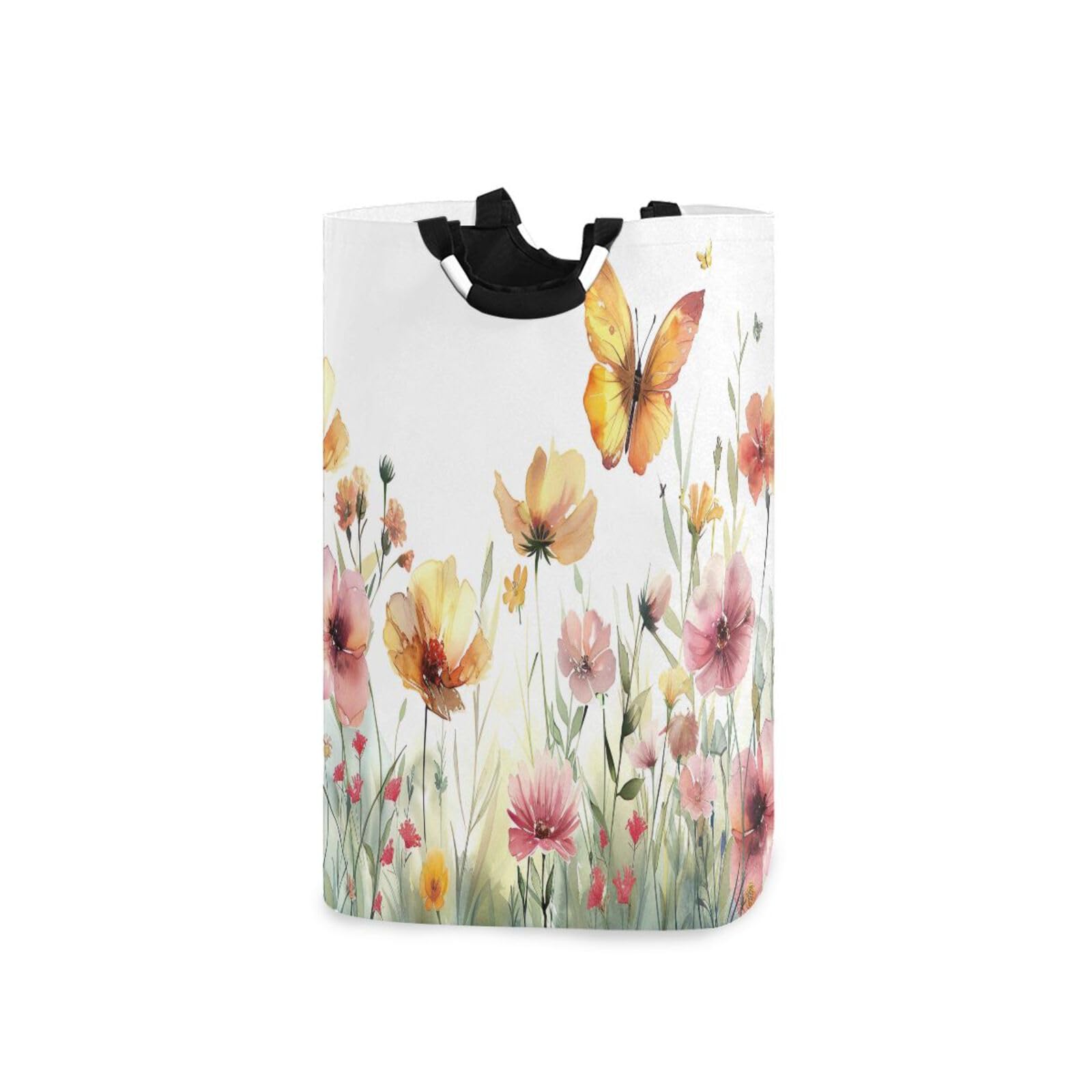 Jihqo Laundry Hamper Basket Watercolor Wildflowers Collapsible Nursery Storage Bin Waterproof Clothing Baskets for Home Bedroom Bathroom Washing Room