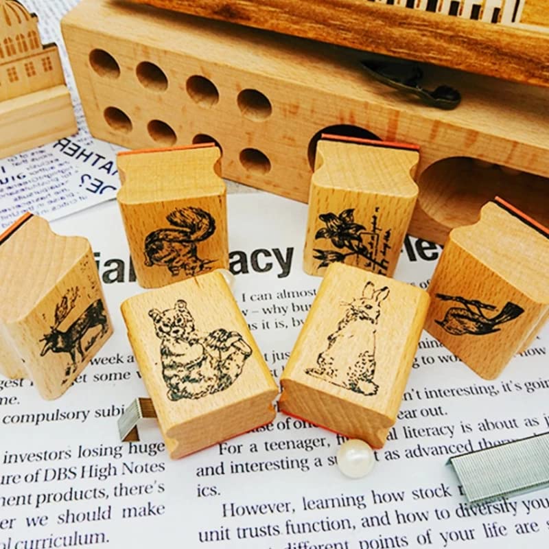 Tvoip 6Pcs Stylish Vintage Cute Animal Plant Wooden Rubber Stamps Scrapbooking Painting Cards Deer Panda Rabbit Flower Decor DIY Craft - Image 7
