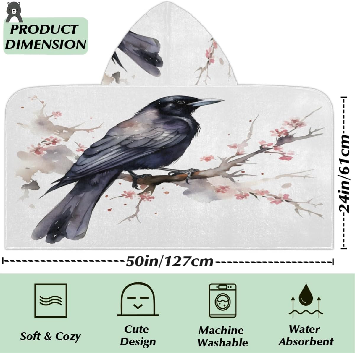 Pardick Kids Bath Towel Crow Bird Branch Beach Towel with Hood Pool Cover Up for Girls Boys Soft Absorbent Hooded Bath Towel Toddler Towels for Beach, Pool