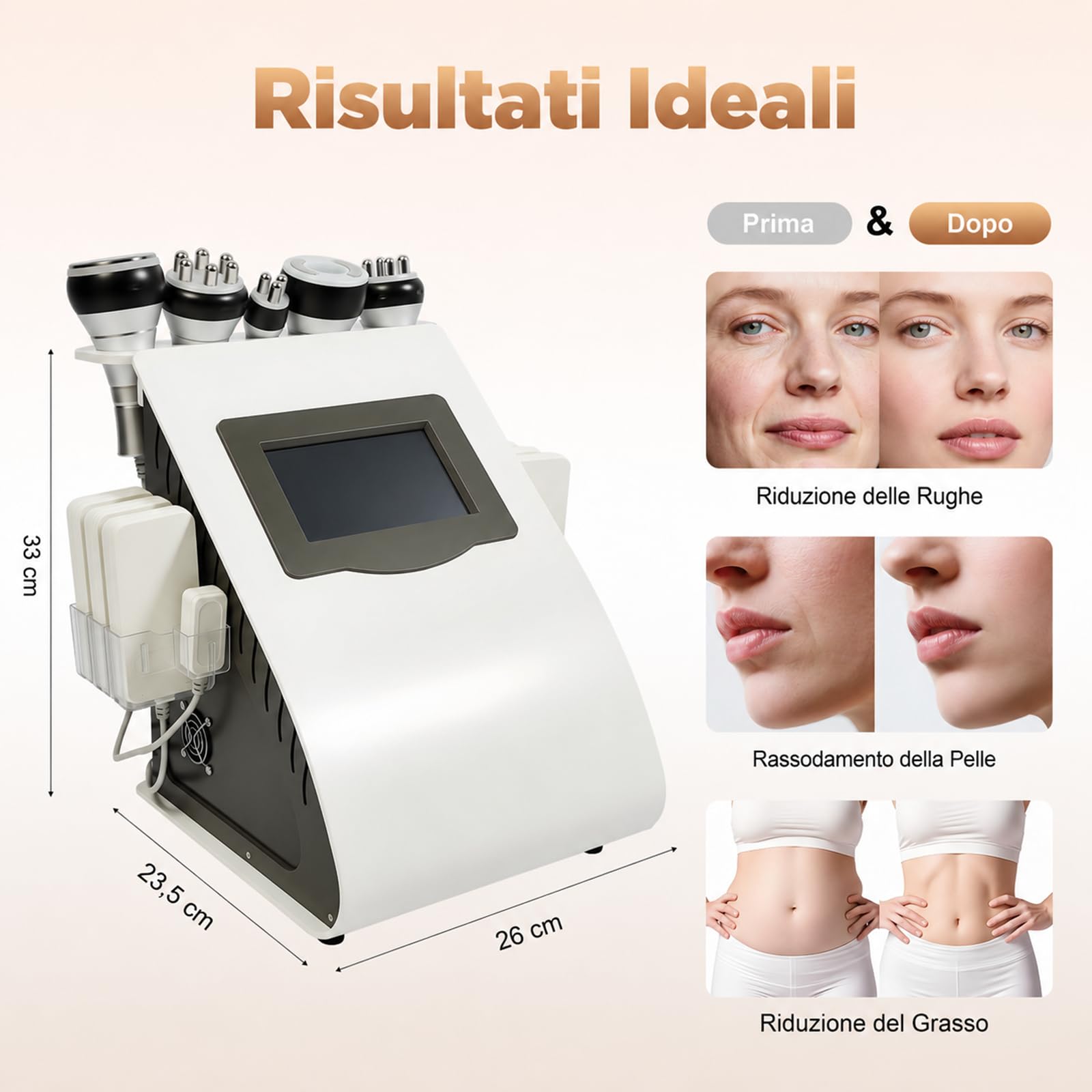 Dispositivo Cavitazione 40K 5 in 1 RF e Vuoto Viso Corpo | Touchscreen da 7 pollici, 100 W, spina UE, 5 testine, 6 piastre luminose e 2 pad per routine estetiche su aree diverse