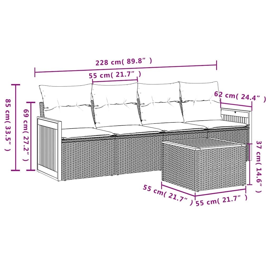 Set Divani da Giardino 5 pz in Rattan PE Nero con Tavolo Acacia | Salotto componibile da esterno per terrazzo e patio con cuscini sfoderabili e piano in legno per momenti di relax.