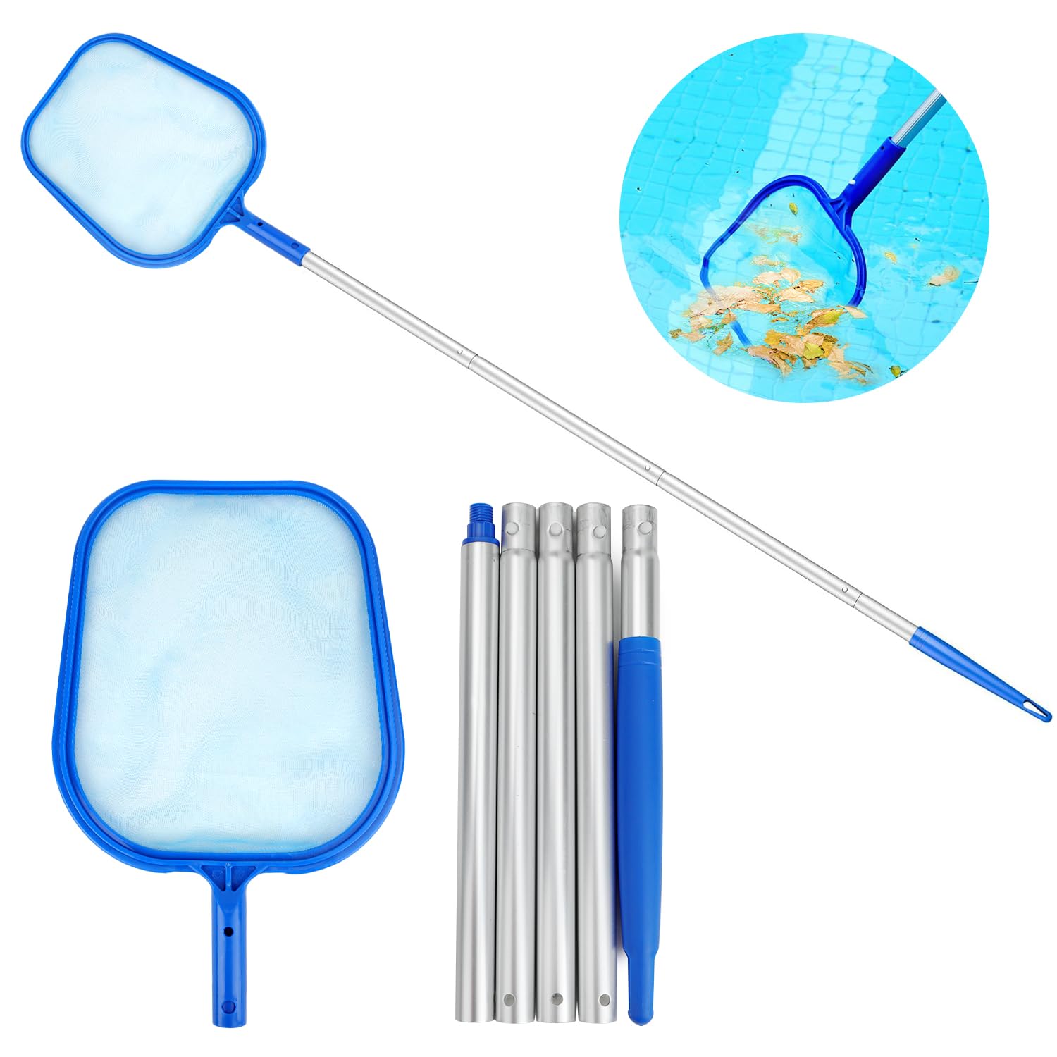 Swimming Pool Skimmer, Adjustable Pool Nets with Fine Mesh and 5 Alunimiuim Section Poles for Pond Hot Tub Fountain or Large Fish Tank Cleaning Maxium Length Up to 156cm 61.4 Inch-image-49