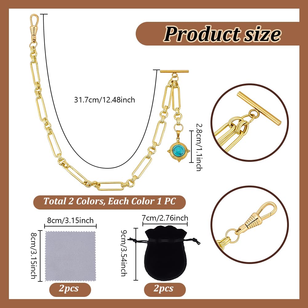 PH PandaHall 2pz Catena per Orologio da Taschino Dorata per Uomo 31.7cm Portachiavi in Ottone a Maglie Curb Catene per Gilet per Affari Sociali Formali Decorazione Regalo
