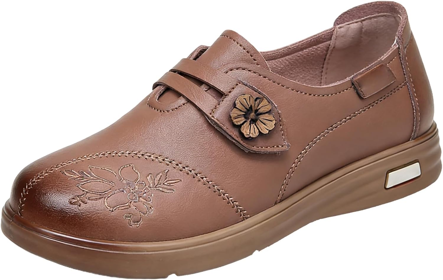 Women's Leather Round Toe Slip On Loafers Vintage Comfortable with Adjust Hook Loop Non Slip Soft Sole Casual Mam Walking Flats for Work Commuting Daily Wear