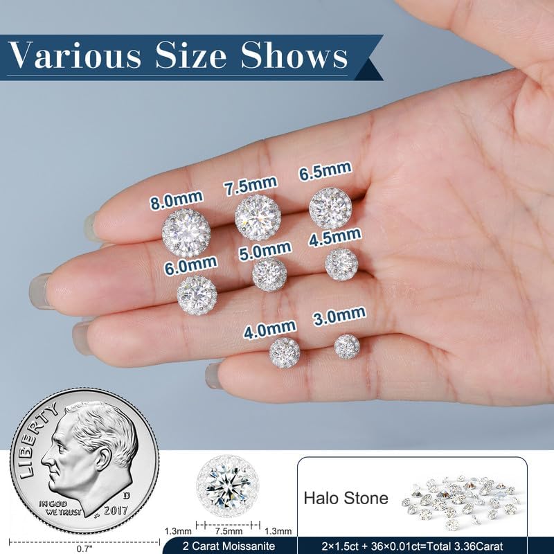Moissanite Halo Earrings 0.2-4Carats(3-8mm) Moissanite Stud Earrings 18k Gold Over 925 Sterling Silver Earrings for Women Men D Color VVS1 Round Cluster Stud Push Back Ice Out Ear Studs - Image 5