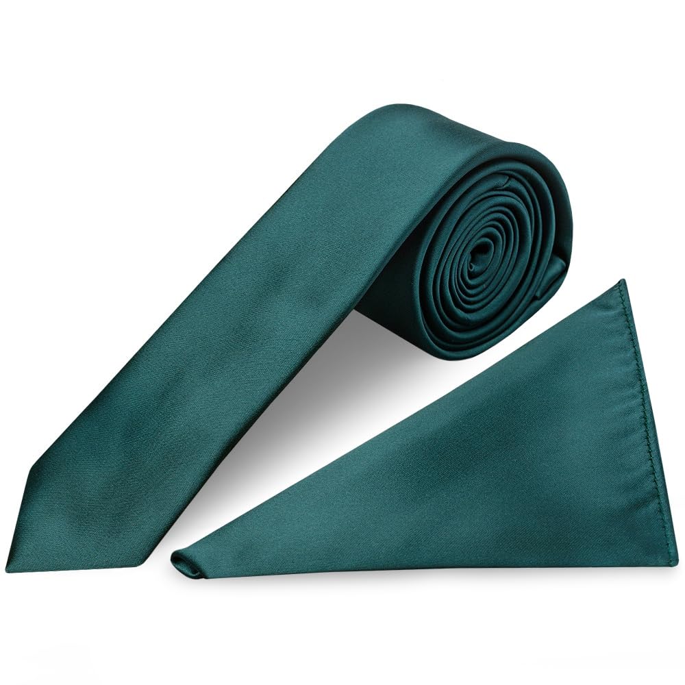 Ties R Us Boys Dark Teal Plain Satin Skinny Tie And Pocket Square Set