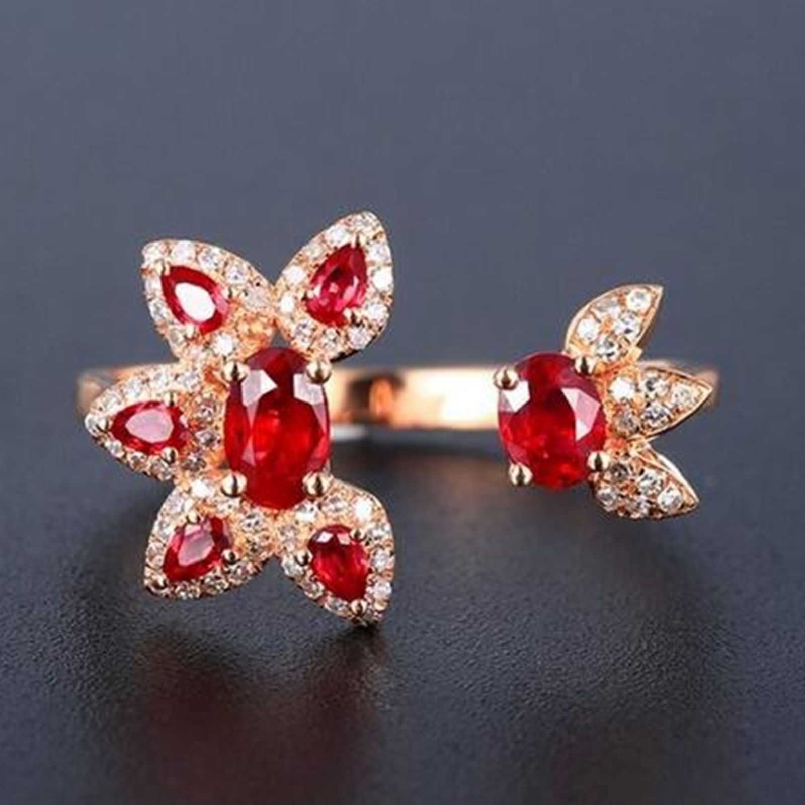 Beydodo Anillos de Boda Oro Rosa 9 14 18K Mujer con Flor con Rubí Creado de 0.73ct y Moissanita, Anillo de Mujer Compromiso Oro Rosa