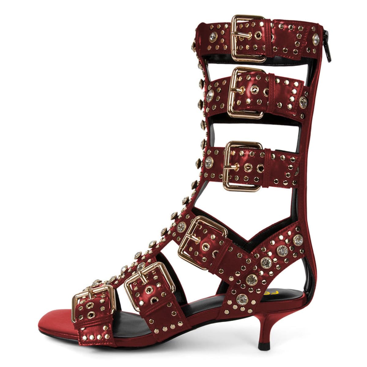 FSJ Women Rhinestone Calf High Strappy Gladiator Sandal Low Kitten Heel Open Toe Cutout Buckles Back Zipper Comfortable Fashion Street Dress Shoes