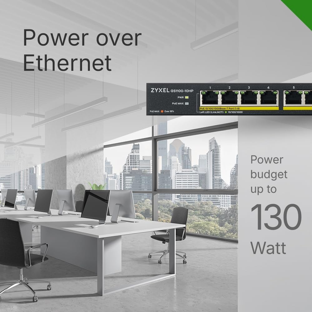 Zyxel 10 Port PoE Switch | Unmanaged Gigabit Network Ethernet Splitter | 8X PoE+ with 130W Budget + 2X SFP | Fanless | Power Adapter and Wall Mount Kit Included | GS1100-10HP