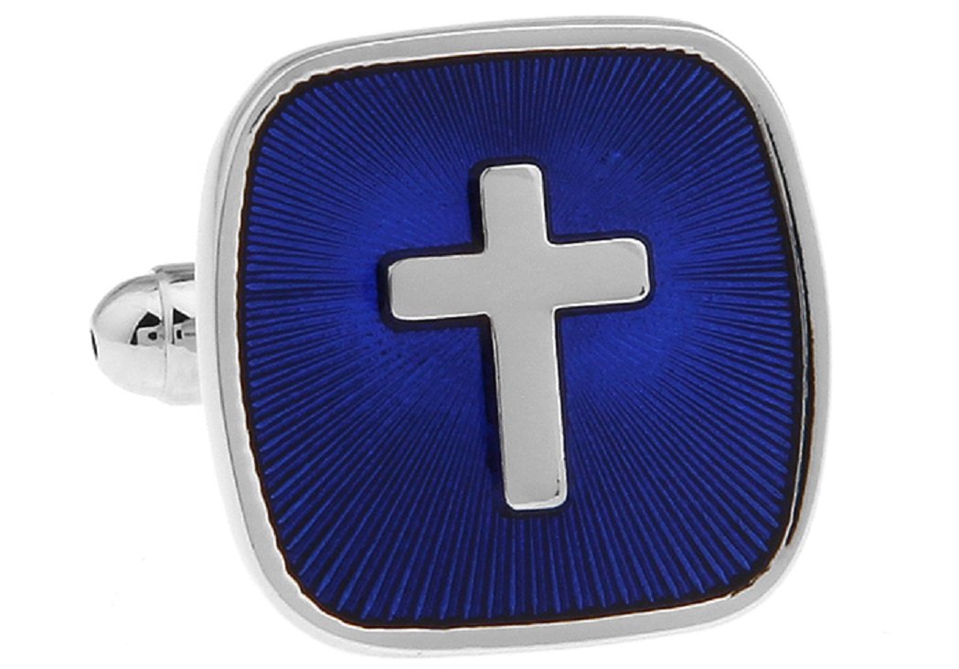 MRCUFF Cross Square Blue Pair of Cufflinks in a Presentation Gift Box & Polishing Cloth