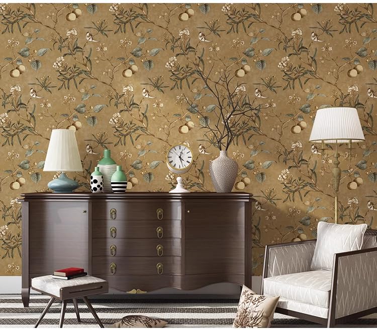 Retro American Country Pastoral Non-woven Wallpaper AB Version Of Fruit Tree Flower And Bird Pattern Bedroom Living Room TV Background Wall Shop Decoration 1.73'W x 32.8'L Non-Pasted (Brown A) - Image 2