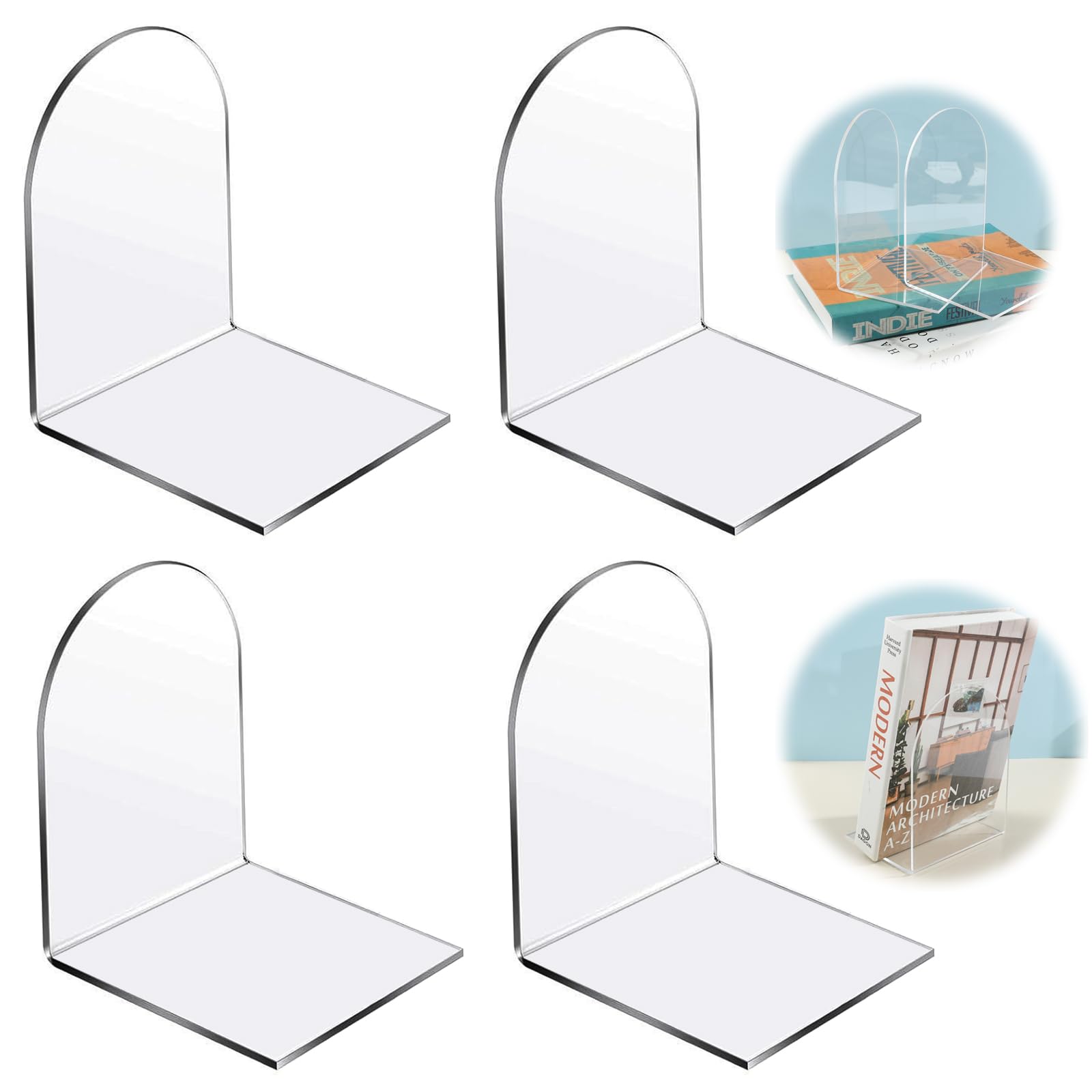Sujetalibros de acrílico transparente, 4 piezas de sujetalibros de acrílico para estanterías, sujetalibros niños, estantería para libros, expositor de libros para dormitorio, biblioteca, oficina,
