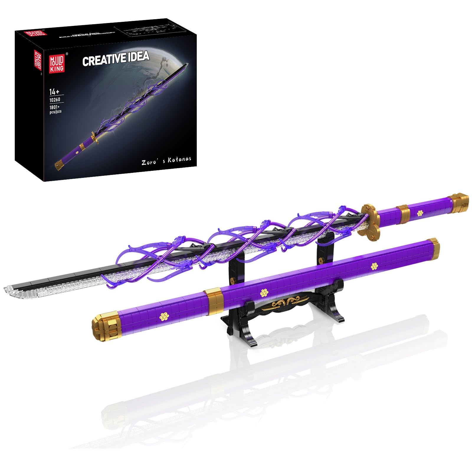 Mould King 10260 Kit modello spada samurai, set da costruzione Katana da 101,6 cm con kit di luci LED integrato e scatola batteria, set da collezione per spada giapponese da 1801 pezzi, con fodero e