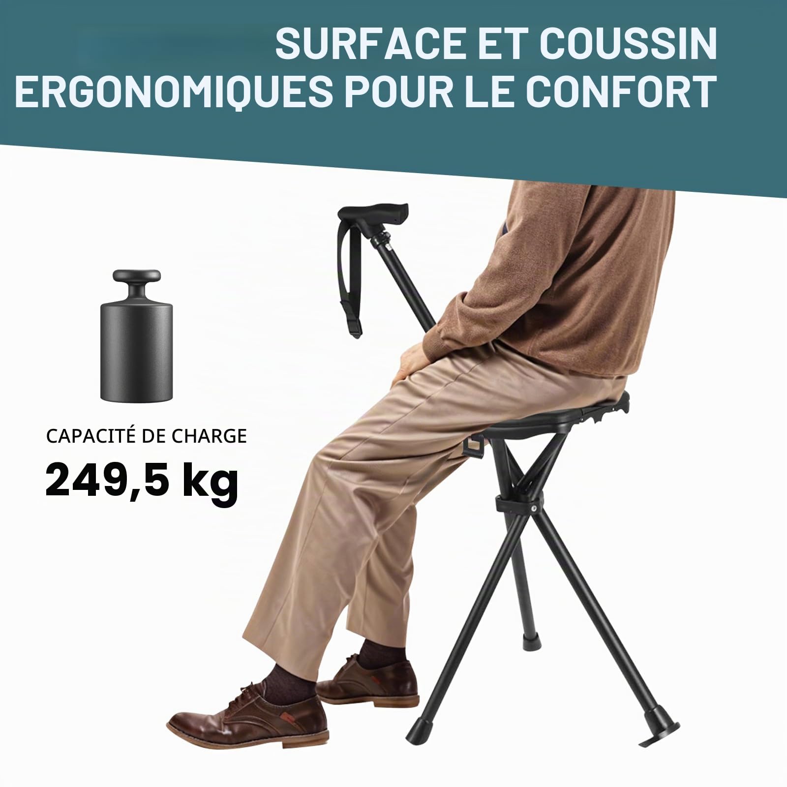 Canne de marche pliable avec siège 95-104 cm, Charge max.: 250 kg