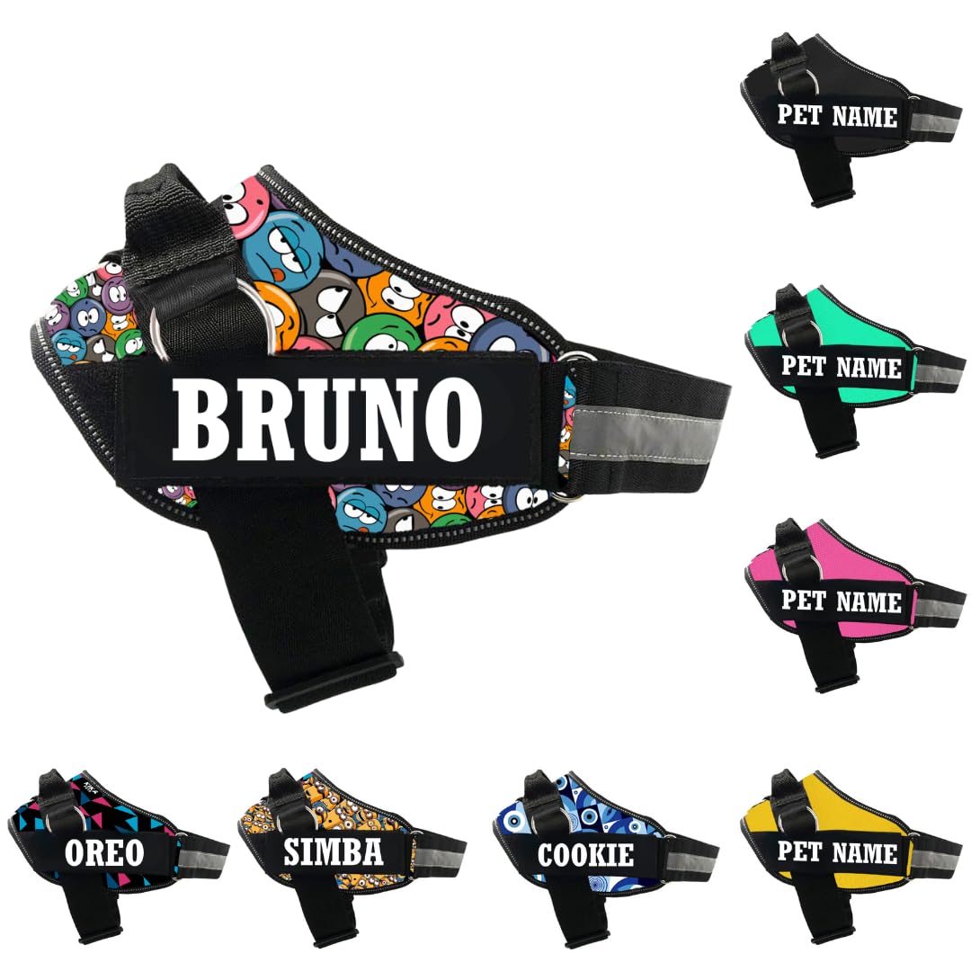 KIKA Arnés personalizado para perro | Arnés para perro con nombre | Arnés de chaleco personalizado para perro, tamaño grande (para 21-35 kg) Groovy Emoji