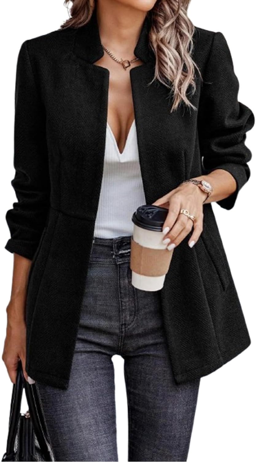 Women’s Open Front Herringbone Blazer, Business Casual Long Sleeve Work Jacket, Casual Long Sleeve Notch Lapel Blazer