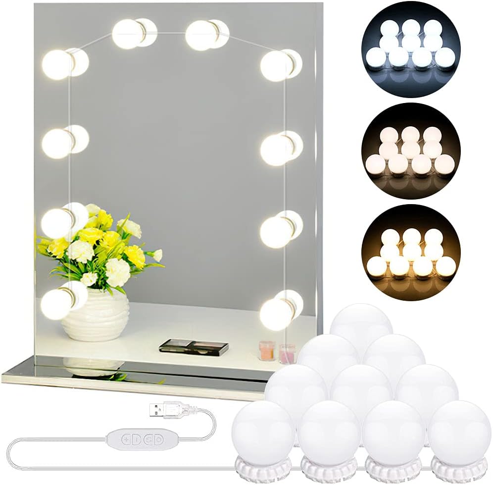Dbmoon Glowseri Led Vanity Mirror Lights With 10 Dimmable Bulbs 3 Color Modes, Hollywood Style Makeup Lights For Dressing Table Mirror, With Usb Power Cable (Mirror And Adapter Not Included)