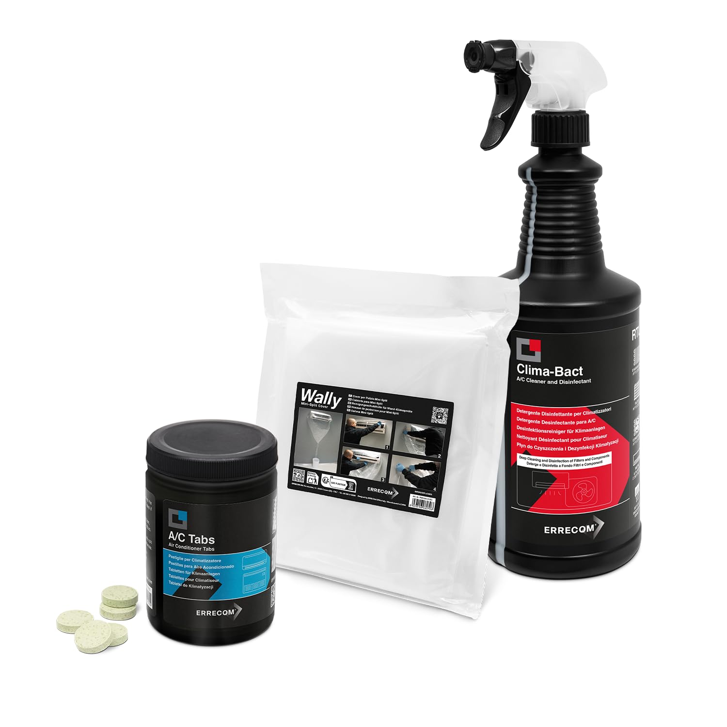 Errecom Kit Limpieza Y Desinfección A/C, Clima-Bact Detergente Desinfectante Biocida Registrado 1 L + Wally Funda Protección Split + A/C Tabs 40 Pastillas De Acción Prolongada