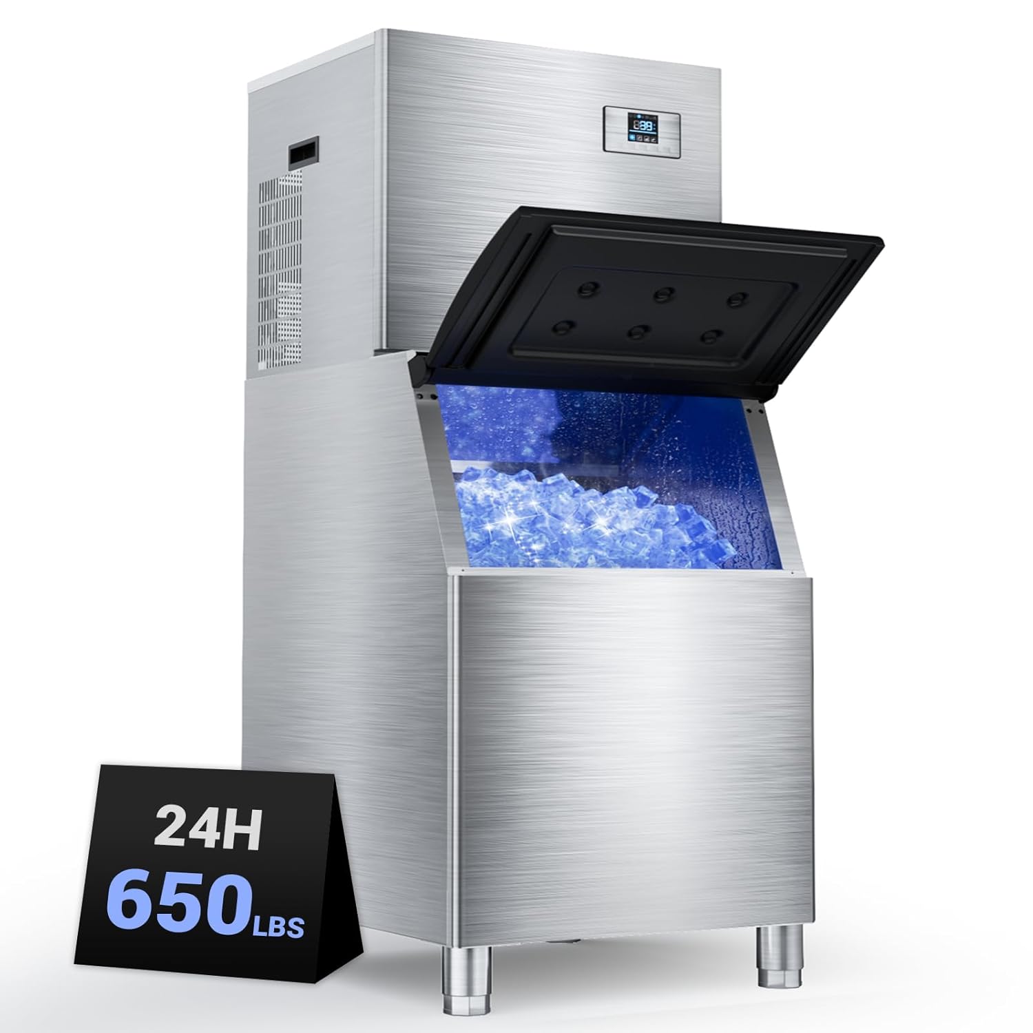 650Lbs/24h Commercial Ice Maker Machine,Storage 400Lbs,Ice Ready in 5-15 min,with Self-Cleaning Mode & Timing Function,201 Stainless Steel Industrial Ice Machine,for Restaurant,Cafe,Bar,etc