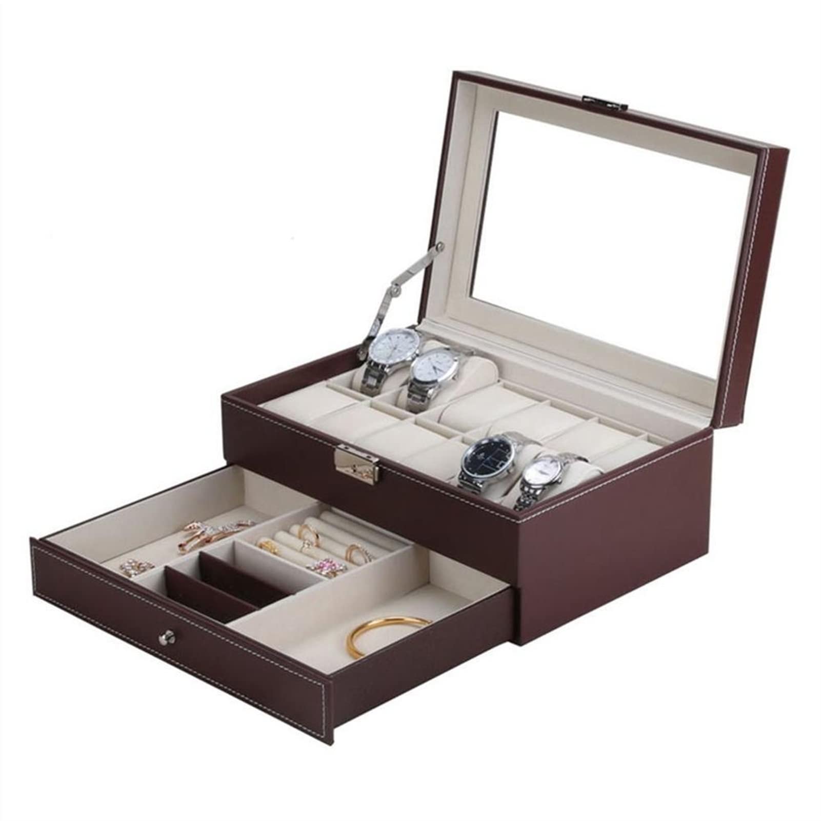 Uhrenbox, 2-stöckig, abschließbare Uhrenaufbewahrungsboxen aus PU-Leder – Schmuck-Display-Schubladenetui für Herren und Damen – Organizer-Uhrenvitrine mit 12 Fächern und Glasdeckel (Farbe: B)