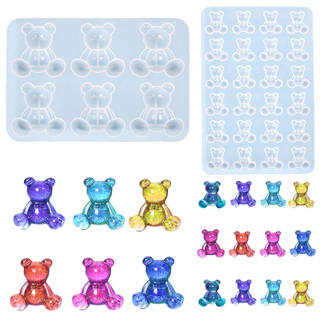 Nifocc Pack of 2 3D Animal Epoxy Resin Moulds 6 Cavity 24 Cavity Bear Crystal Casting Mould Animal Mould Silicone Mould Mini Bear Casting Moulds for DIY Jewellery Craft Key Ring Earring
