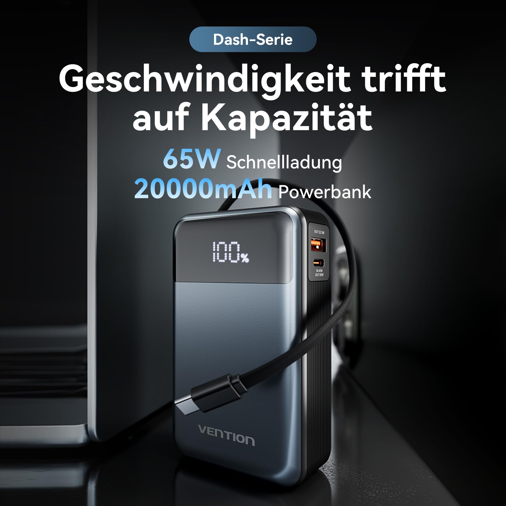 VENTION 65W 20000mAh Laptop Power Bank Schnellladung, Tragbarer Akku mit LED-Digitalanzeige, USB-C Power Bank für Laptops, iPad, MacBook, iPhone 16, 15, 14, Samsung S24, S23 usw