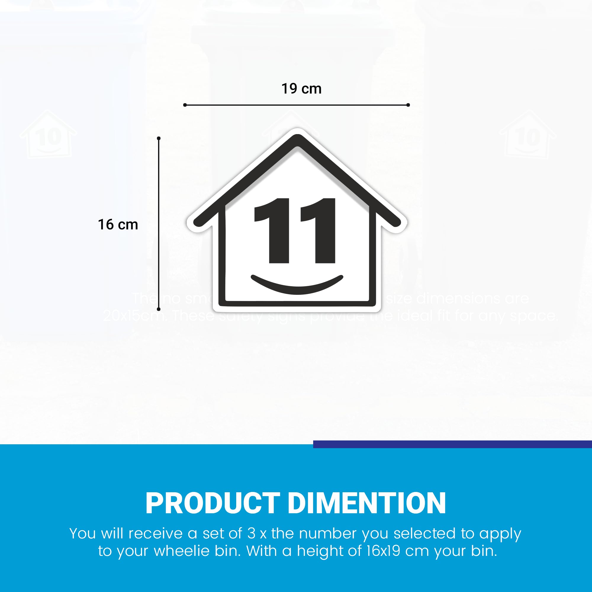 3 x Bin Numbers for Wheelie Bins, 1-99, 15cm ‘Happy House’ Design Dustbin Stickers, Easy Application Stick On Number Stickers - Weatherproof Self Adhesive Vinyl, Black (11) — view 6