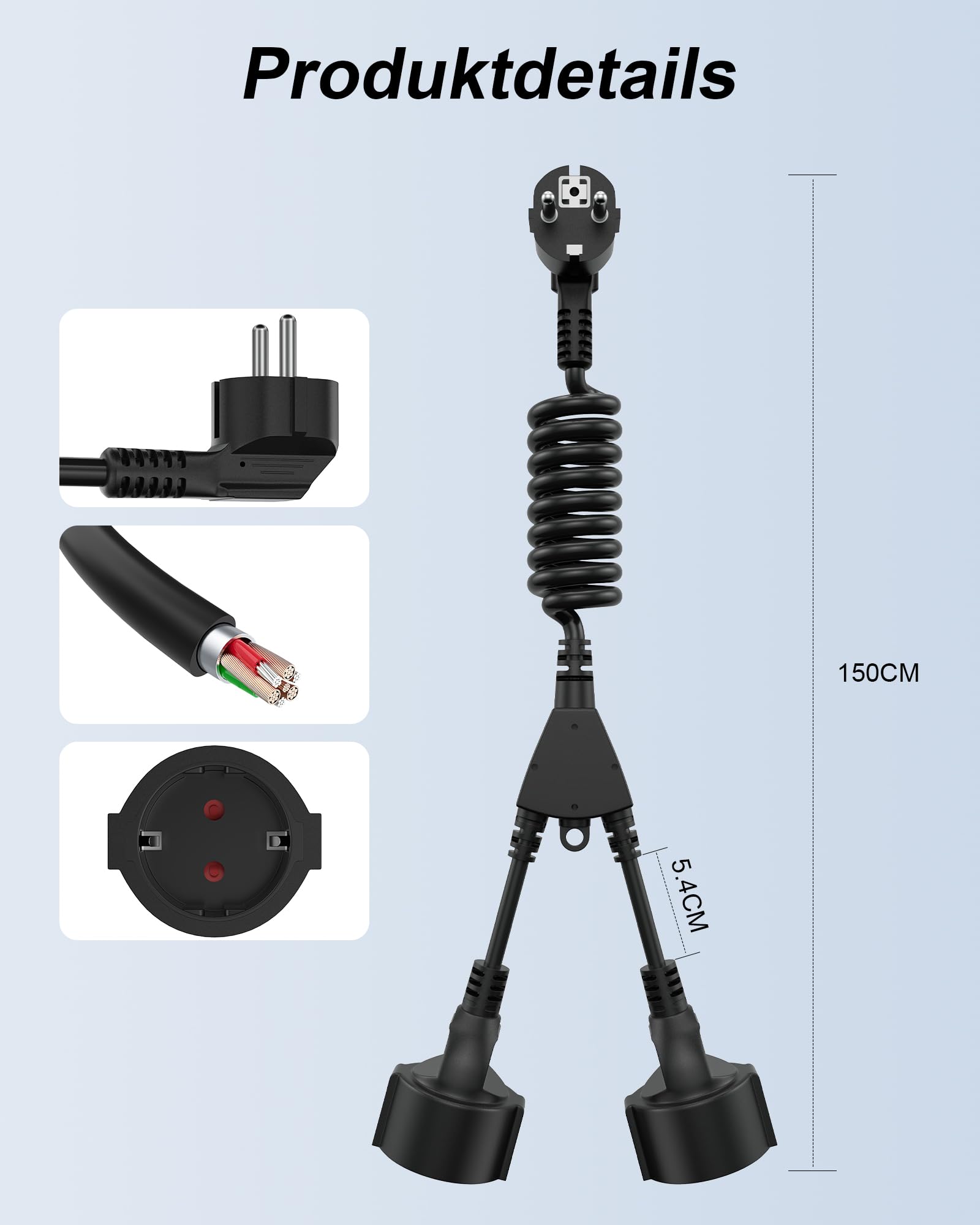 Podwójna wtyczka Schuko, kabel spiralny, 2 gniazda, kabel 1,5 m, rozdzielacz do kuchni, biura, gospodarstwa domowego (AC-2 Plug-TH-DE-Black)