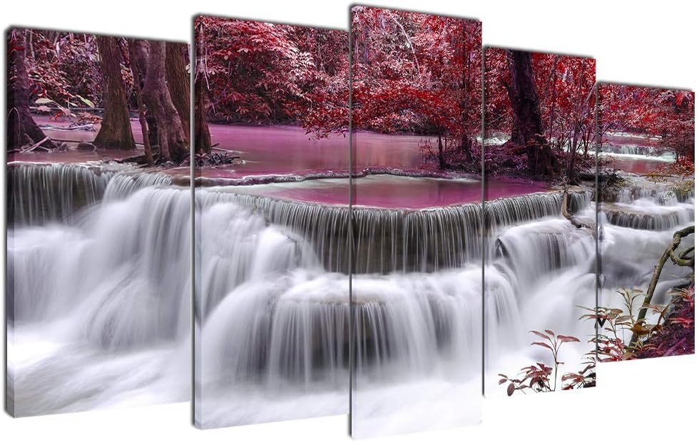 Wallfeeling Arts Dreamlike Waterfall Canvas Print Picture for Living Room Decoration Stretched XLarge 5 Panels Painting Wall Art Print on Pink Canvas- High Definition Modern Home Decor