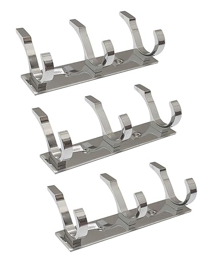 PROMIXO Delux Stainless Steel 3 Pin Cloth Hanger Wall Mounted Bathroom Cloth Hanger,Coth Wall Hook,Door Hooks Rail for Hanging Keys,Clothes,Towel (Pack of 3)