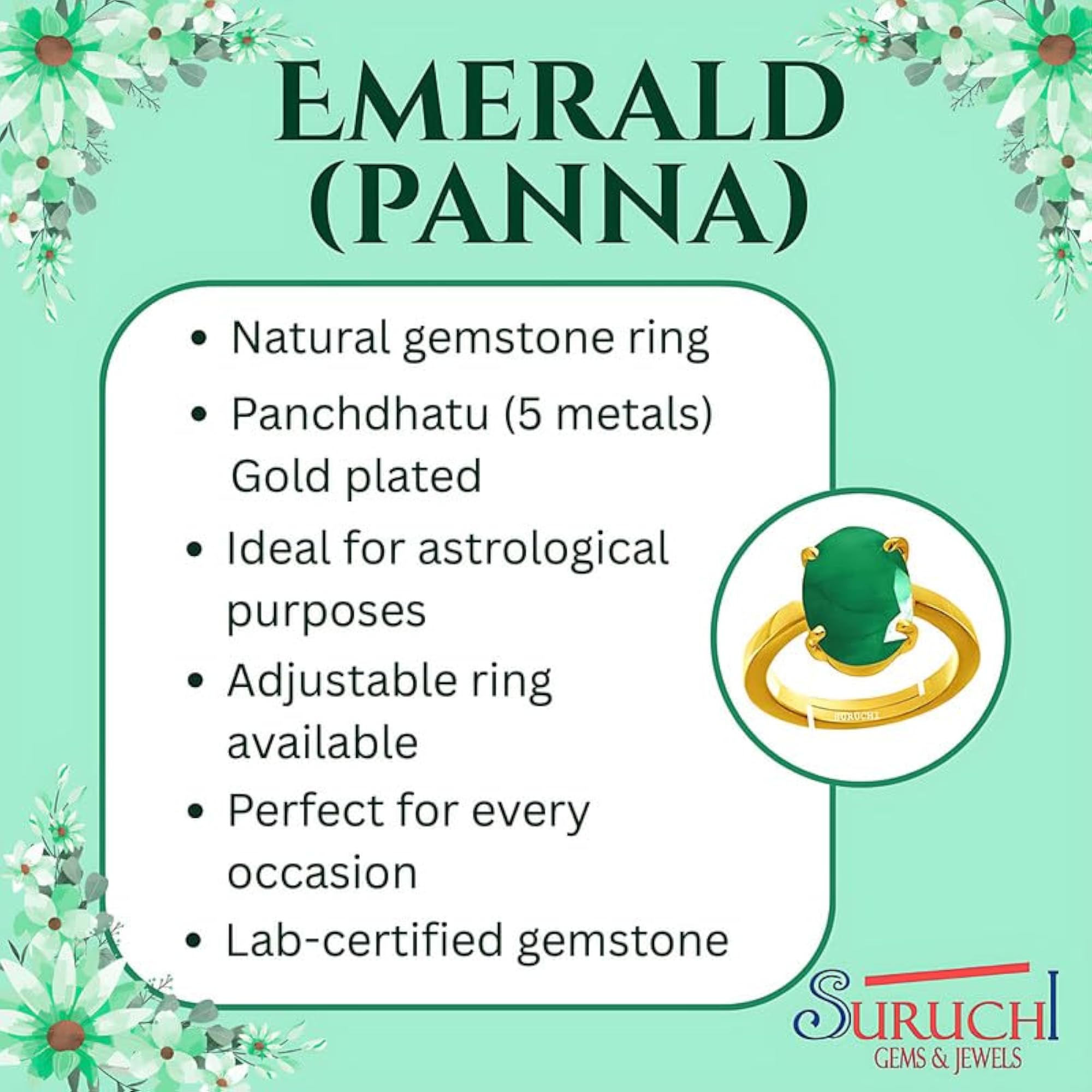 Women's Emerald/Panna Adjustable Gold Plated Ring, Astrological Certified