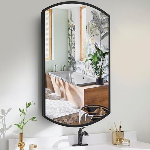 Movo Armario ovalado de aluminio con espejo medicinal, 16 pulgadas de ancho x 26 pulgadas de alto, gabinete de medicina con marco negro con puerta
