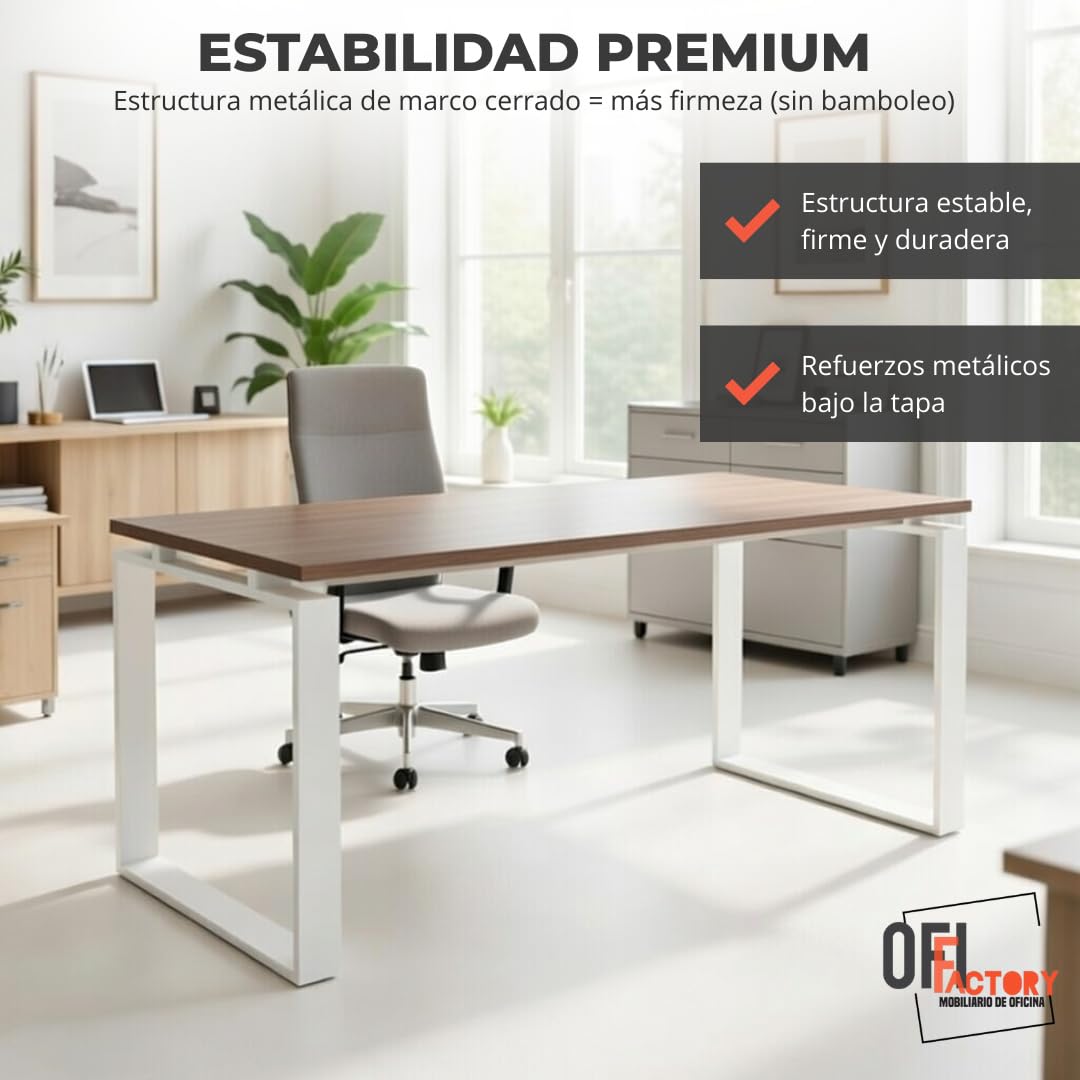OFIFACTORY Mesa Oficina Profesional | Escritorio Madera con Tablero de Melamina 25 mm para Despacho, Teletrabajo, Ordenador o Estudio | Mesa Ordenador Escritorio Grande (140X80, Nogal)