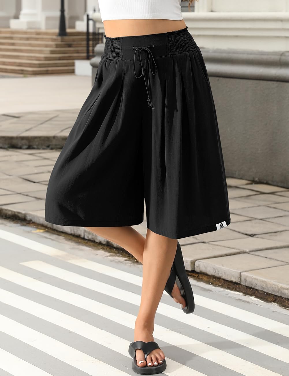 TARSE Women Linen Shorts High Waist Pleated Wide Leg Shorts Loose Fit Casual Summer Culottes Knee Length Pants - Image 4