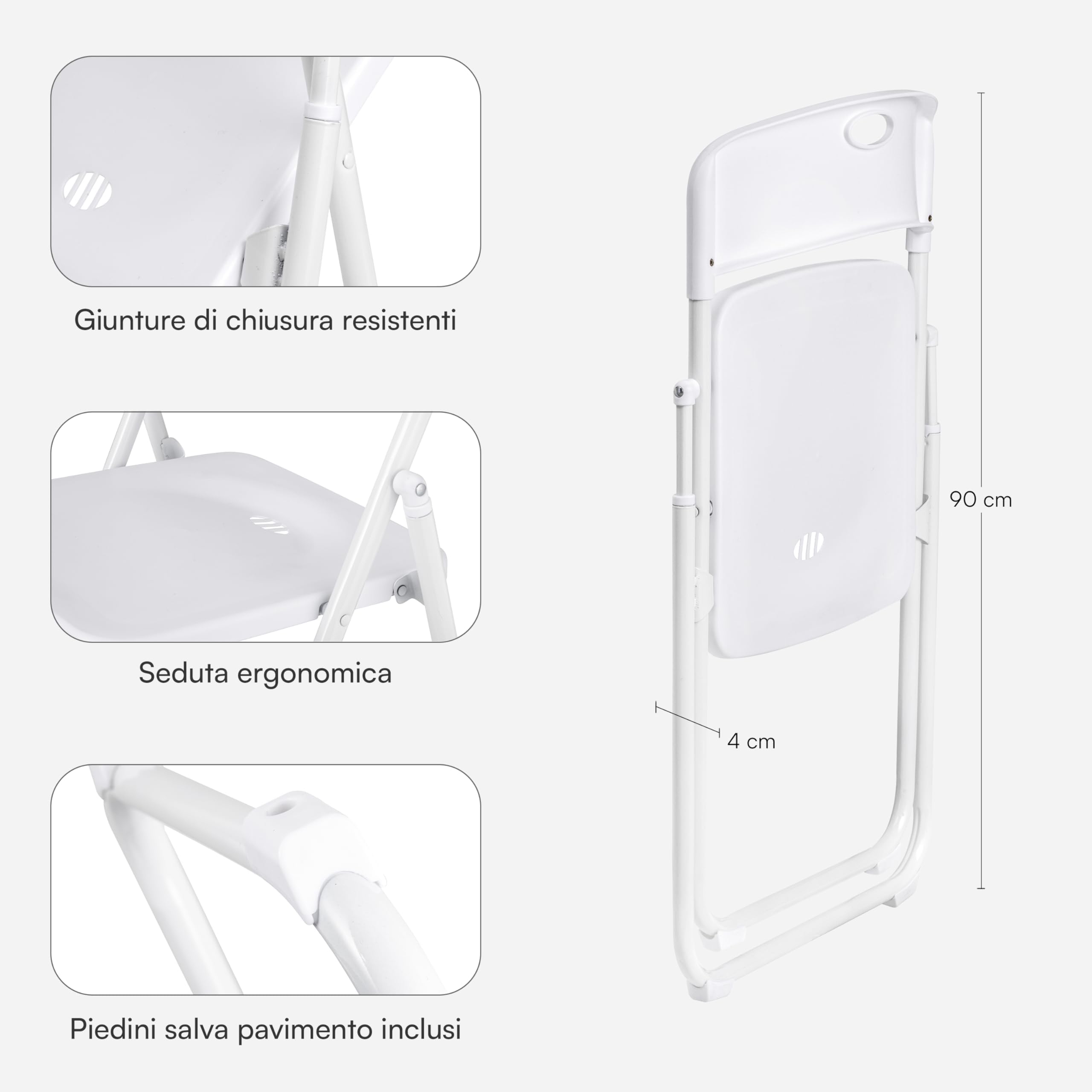 Baroni Home Sedia Pieghevole con Struttura in Acciaio e PVC, Seduta Salvaspazio Richiudibile con Piedini e Maniglia, da Viaggio, Cucina, Soggiorno, Camera da Letto, 74x43x49 cm 8 pezzi, Bianco