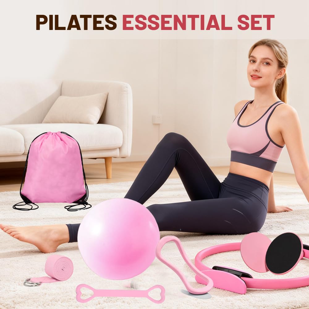 Kit Pilates Maison 15 Pcs Pilates Kit Pilates Accessoires Cercle Pilates, Yoga Ball, Resistance Bands, Pilate Ring, Yoga Band, Ceinture Auxiliaire pour La Force, La Flexibilité, La Stabilité