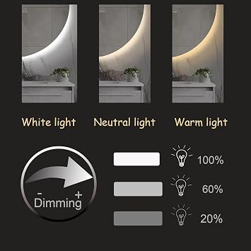 50 cm Semicircle Vanity Mirror with Led Lights, 60 cm Smart Led Bathroom Mirror, 70 cm HD Frameless Wall Mirror, 80 cm Dimmable Decorative Mirror,Touch 3 Colors Anti-fog