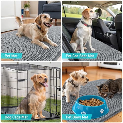 Image of OLANLY Dog Door Mat Set 4-Piece 24x16, Absorbs Moisture and Dirt, Absorbent Non-Slip Washable Doormat, Quick Dry Chenille Mud Mat for Dogs, Entry Indoor Entryway Carpet for Inside Floor, Grey