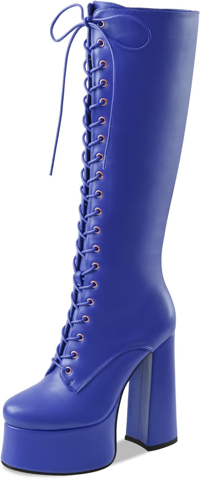 Women's High Chunky Heel Platform Knee High Boots Fashion Leather Lace Up Heeled Long Boots Wide Calf