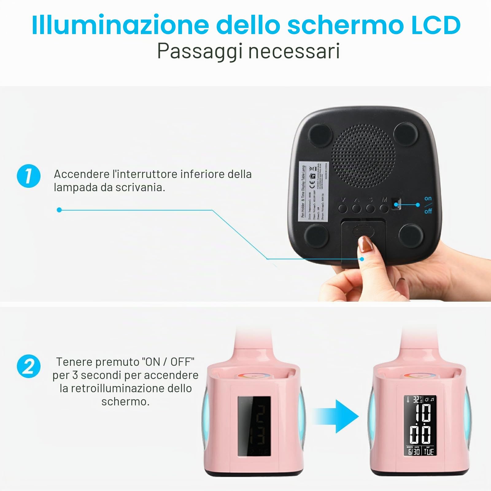Lampada da scrivania a LED, lampada da scrivania per bambini con orologio, sveglia, calendario, termometro, RGB e portapenna, luce regolabile per proteggere gli occhi, lampada da scrivania per bambini